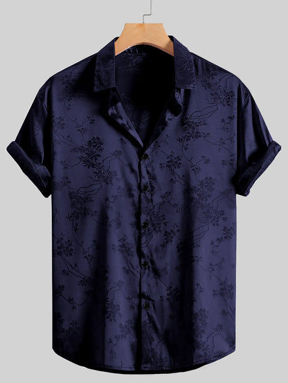 Floral Embroidered Collared Buttoned Rolled Curved Loose Shirt