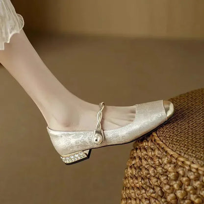 Twisted Strap Low Chunky Heel Patterned Shoes