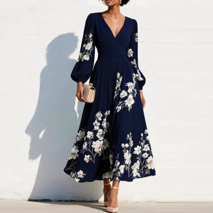 Pleated Long Sleeve V Neck Maxi Dress