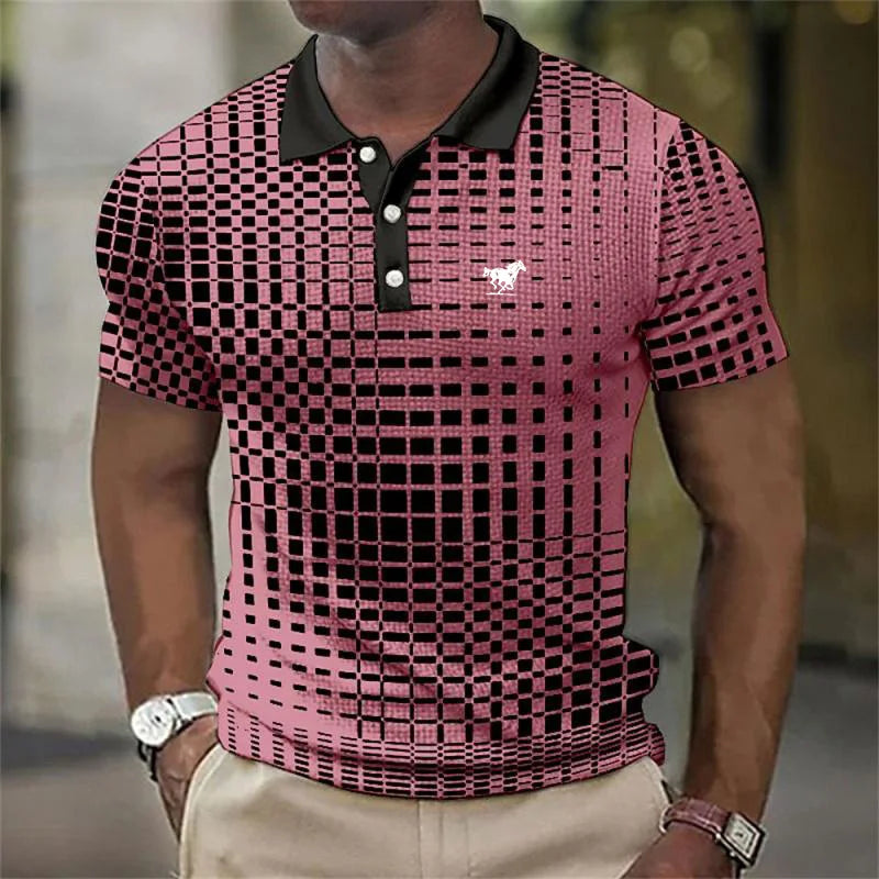 Men's Contrast Collar Short Sleeve Geometric Print Stretch Polo Shirt
