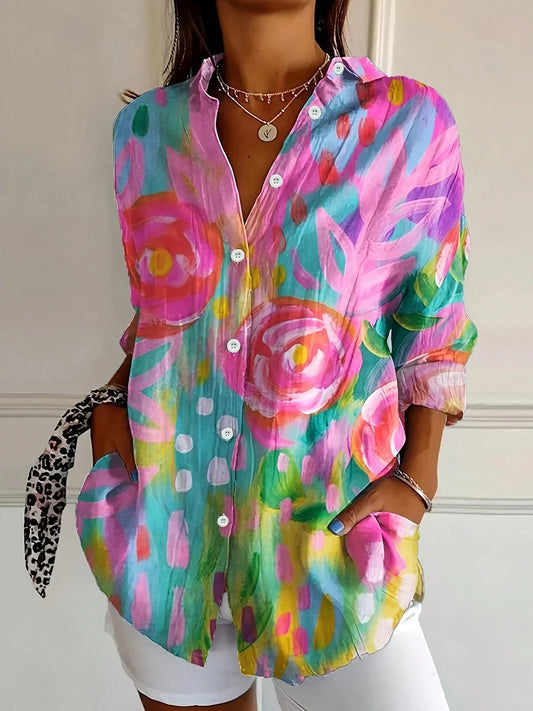 Turn Down Collar Printed Blouse