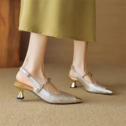 Slingback Twisted Strap Pointed Cap Toe Heels