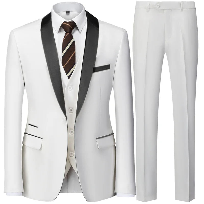 Slim Solid Satin Lapel V Neck Tailored Three Piece Set Suit