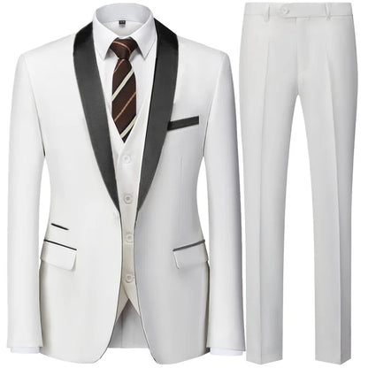 Slim Solid Satin Lapel V Neck Tailored Three Piece Set Suit