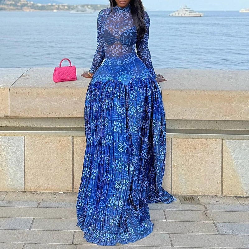 Fitted Banded Printed Gathered Flared Long Dress