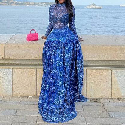 Fitted Banded Printed Gathered Flared Long Dress