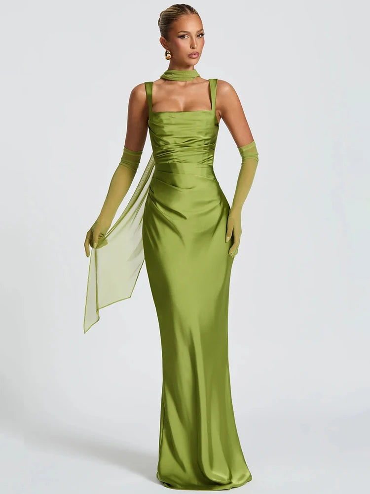 Square Strapped Sleeveless Ruched Fitted Long Dress
