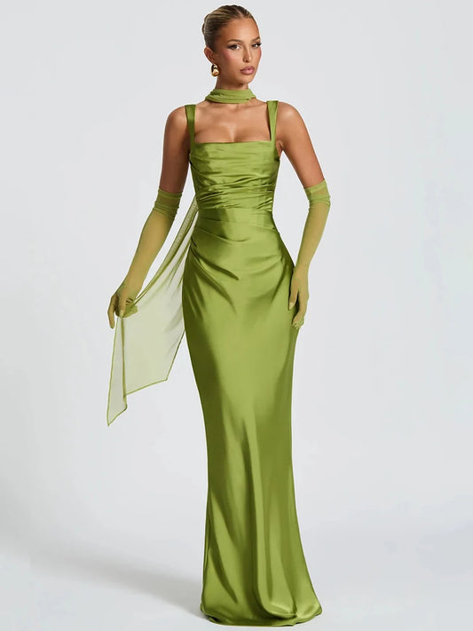 Square Strapped Sleeveless Ruched Fitted Long Dress