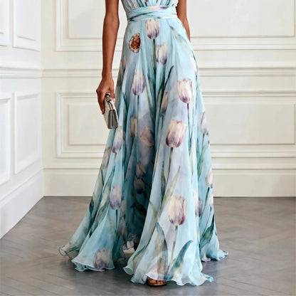 Printed Sleeveless Cinched Gathered Flared Long Dress