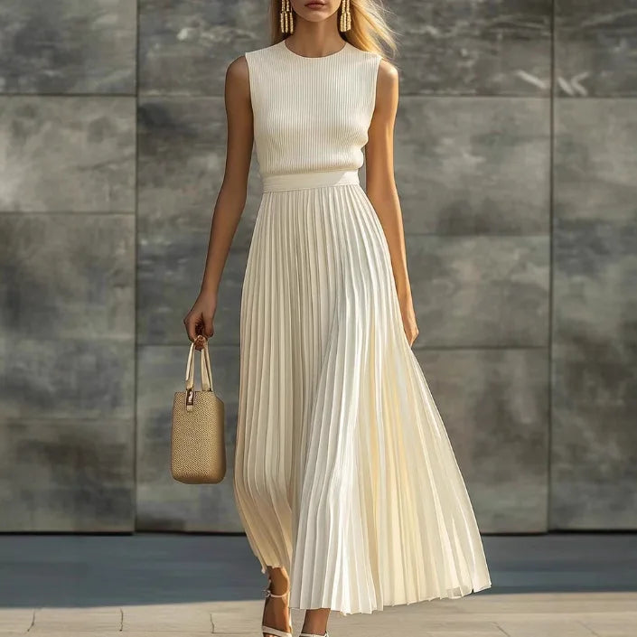 Sleeveless Round Fitted Banded Pleated Maxi Dress