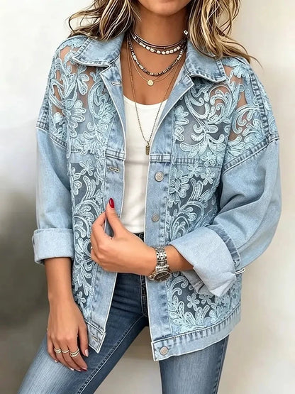Collared Buttoned Floral Sheer Paneled Cuffed Blazer