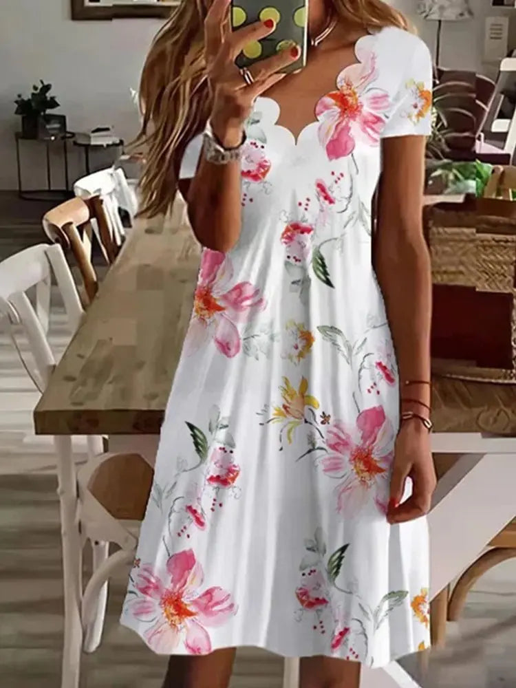 Short Scalloped Floral Printed Flared Midi Dress