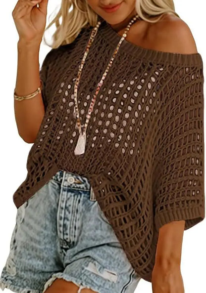 Women's Off-Shoulder Crochet Knit Cropped Sweater