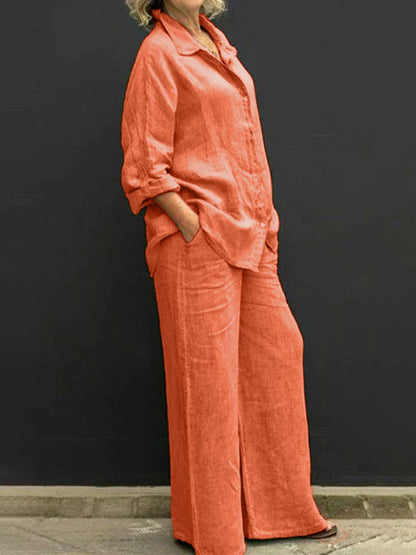 Collared Buttoned Loose Wide Leg Pocketed Set