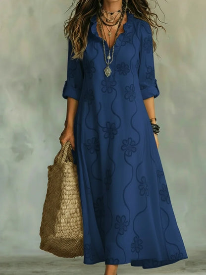 Three Quarter Sleeve Split Neck Maxi Dress