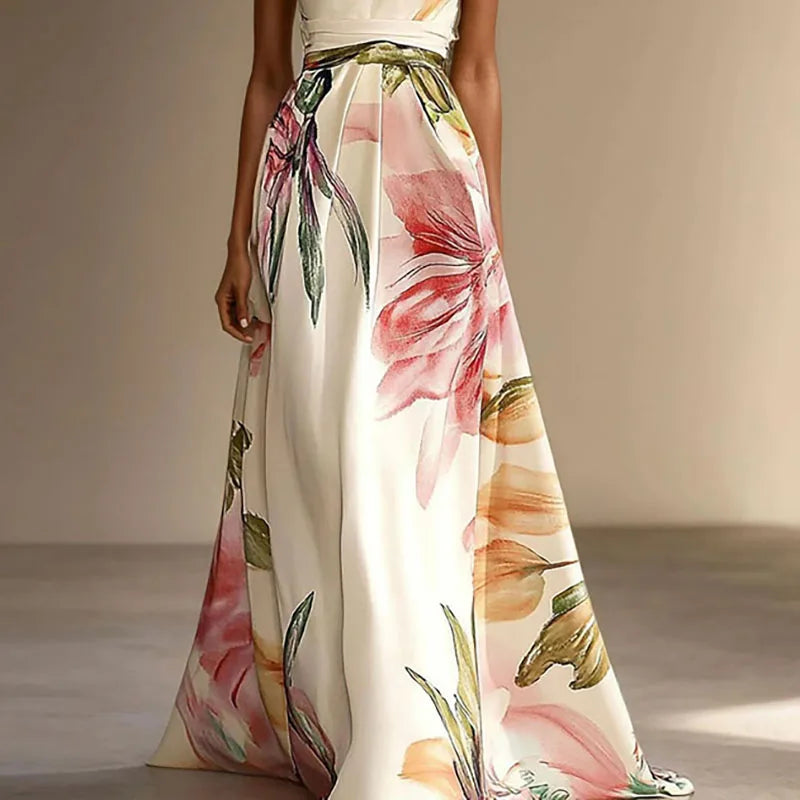 Floral Halter Sleeveless Gathered Long Dress