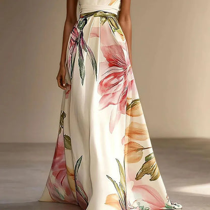 Floral Halter Sleeveless Gathered Long Dress