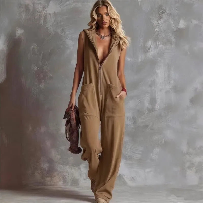 Hooded Zippered Sleeveless Plunging Pocketed Wide Jumpsuit