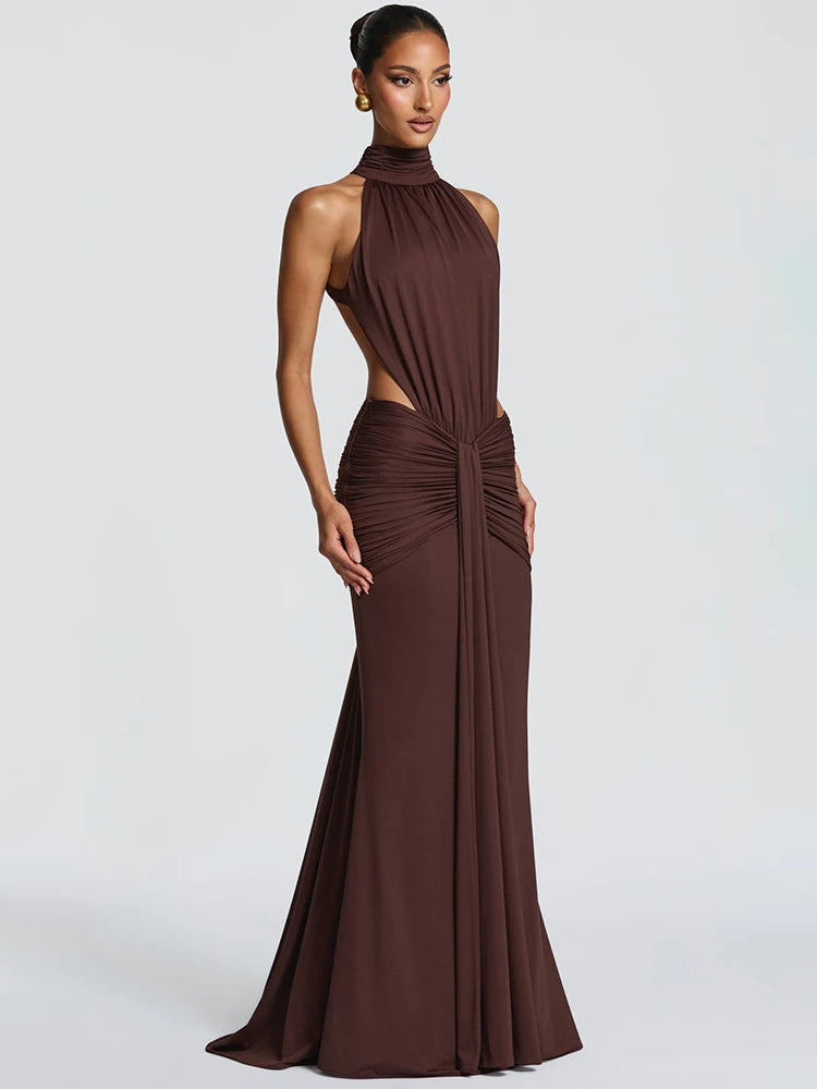 Sleeveless Side Cutout Gathering Floor Length Dress