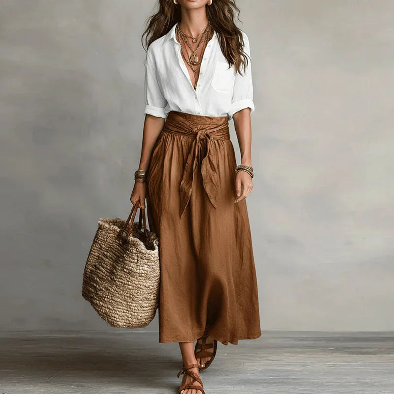 Collared Buttoned Pocketed Tied Gathered Maxi Set