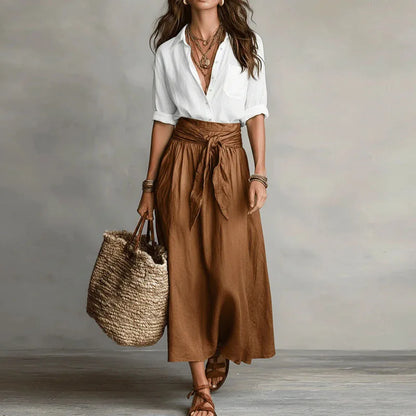 Collared Buttoned Pocketed Tied Gathered Maxi Set
