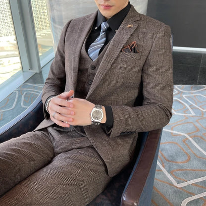 Structured Check Button Up Notch Lapel Straight Three Piece Set Suit