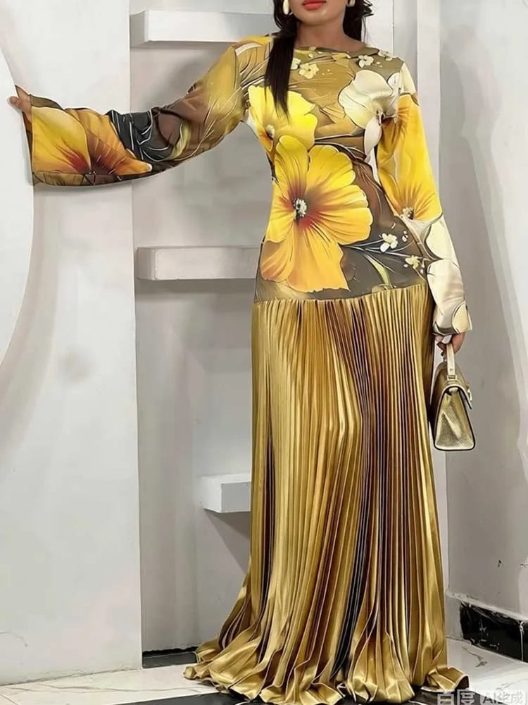 Floral Flared Pleated Long Buttoned Dress