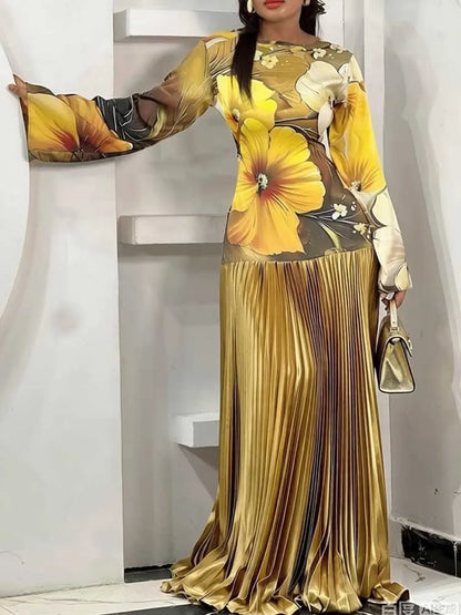 Floral Flared Pleated Long Buttoned Dress