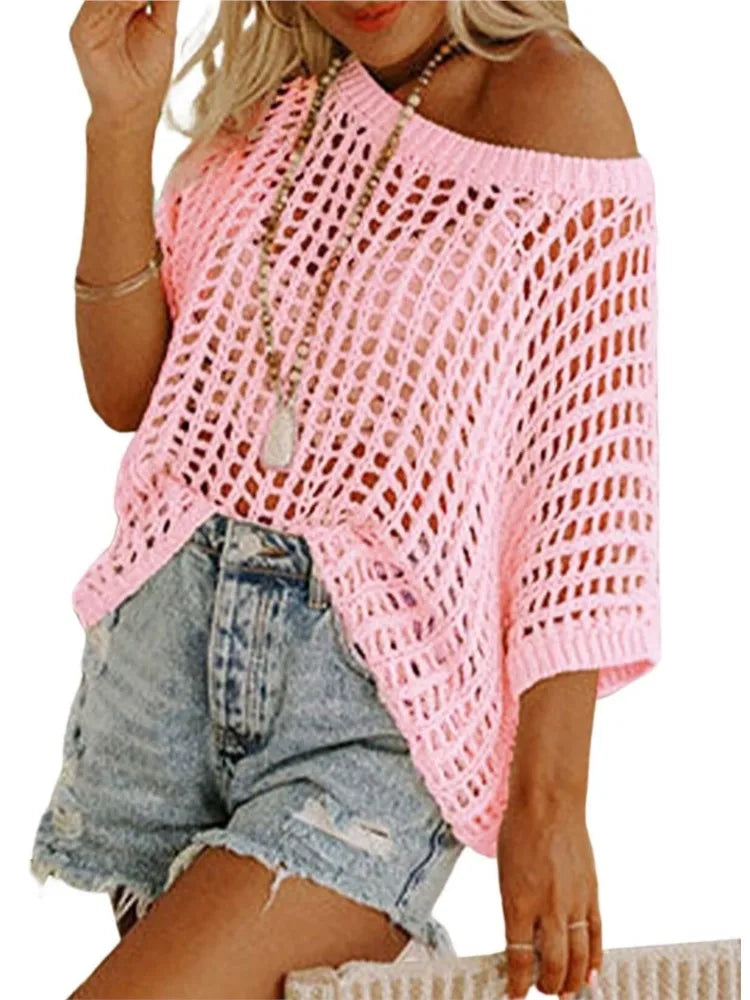 Women's Off-Shoulder Crochet Knit Cropped Sweater