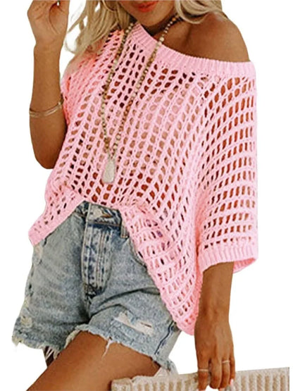 Women's Off-Shoulder Crochet Knit Cropped Sweater