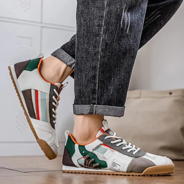 Patched Striped Rounded Textured Flat Sneakers