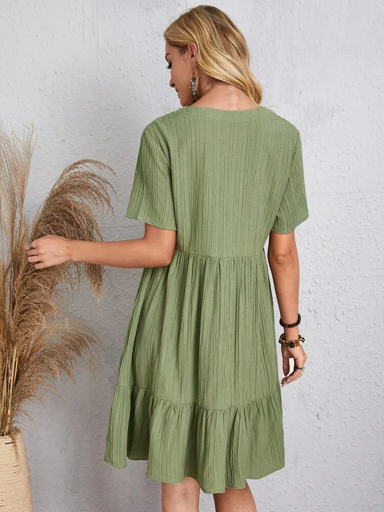 Textured Tiered Gathered Flared Short Relaxed Dress