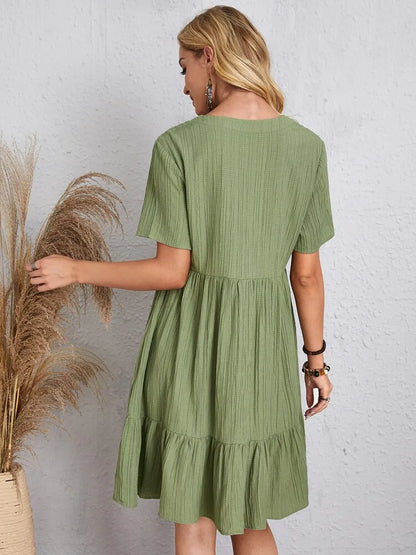 Textured Tiered Gathered Flared Short Relaxed Dress