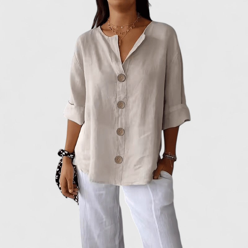 Three Quarter Sleeve V Neck Button Up Solid Loose Blouse