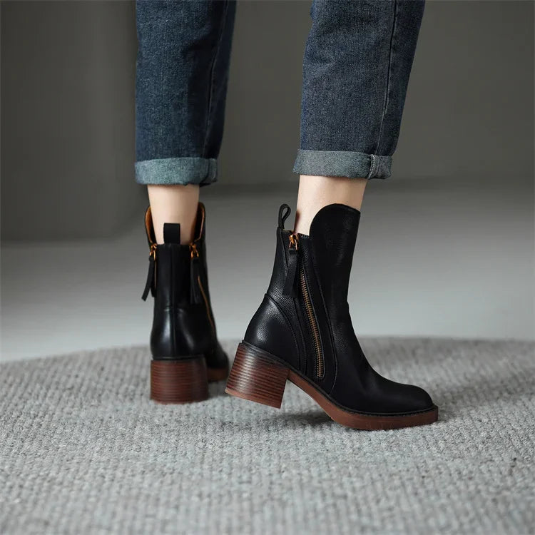 Round Toe Side Zipper Block Heel Ankle Boots