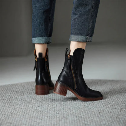 Round Toe Side Zipper Block Heel Ankle Boots