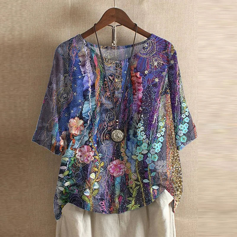 Graphic Crew Neck Curved Hem Medium Sleeve Blouse