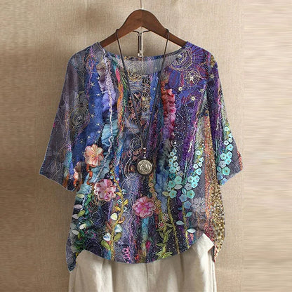 Graphic Crew Neck Curved Hem Medium Sleeve Blouse