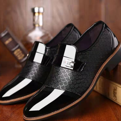 Glossy Textured Pointed Buckled Paneled Brogues Shoes