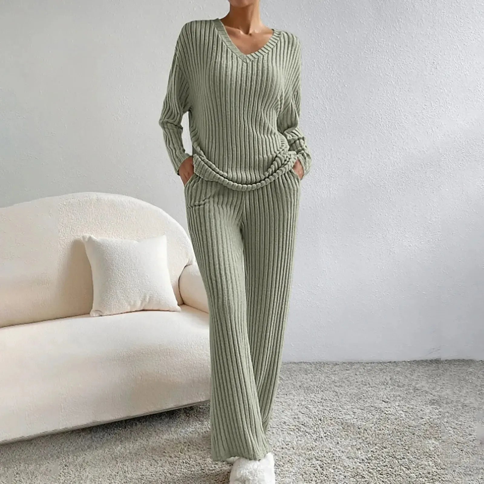 V-Neck Long Sleeve Loungewear Set with Wide Leg Pants