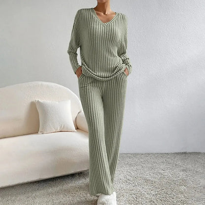 V-Neck Long Sleeve Loungewear Set with Wide Leg Pants