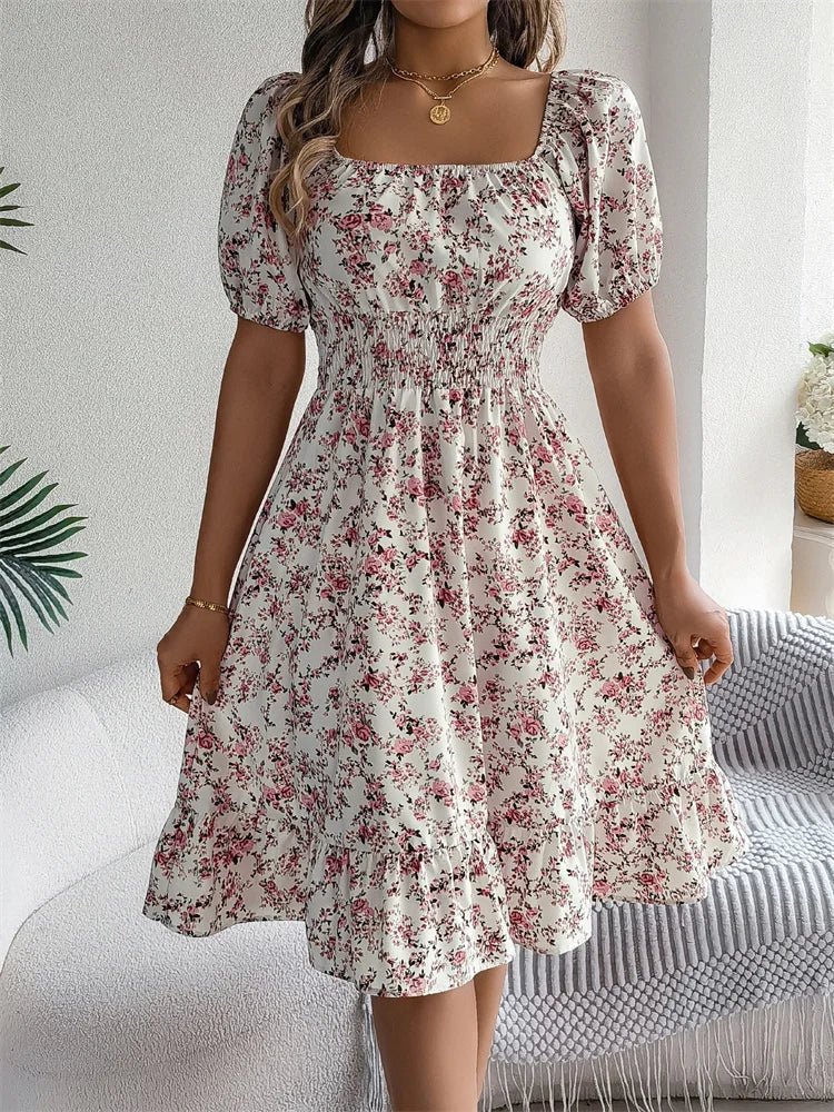 Square Neck Smocked Puff Sleeve Floral Midi Dress