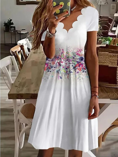 Short Scalloped Floral Printed Flared Midi Dress