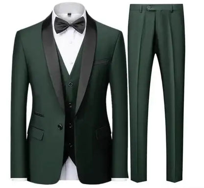 Slim Solid Satin Lapel V Neck Tailored Three Piece Set Suit