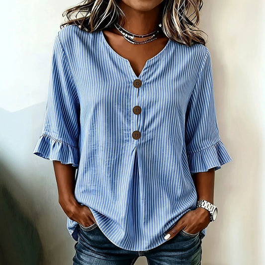 Striped Buttoned Ruffled Flared Pleated Relaxed Blouse