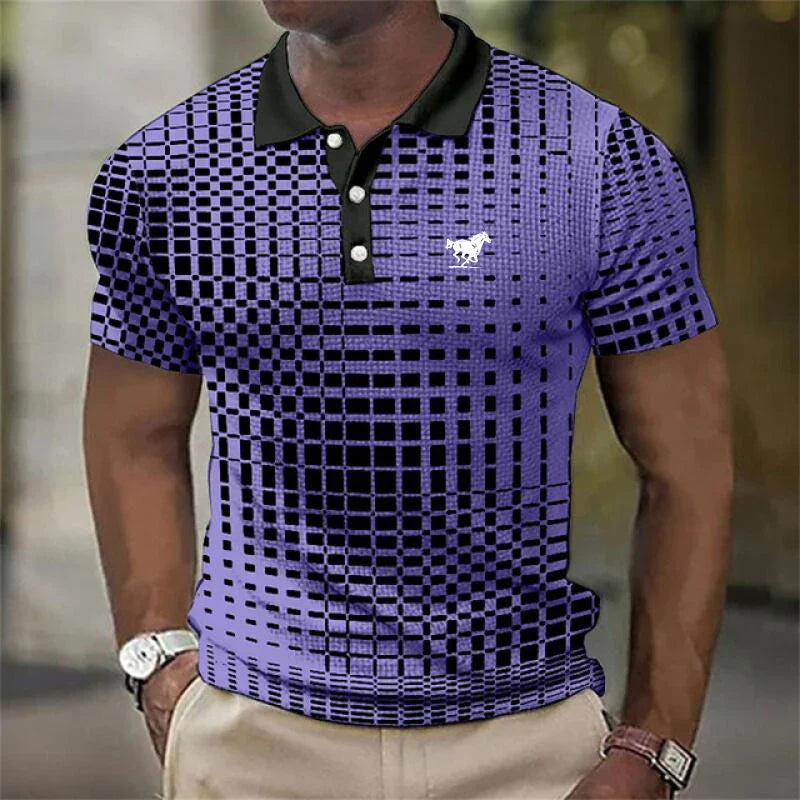 Men's Contrast Collar Short Sleeve Geometric Print Stretch Polo Shirt