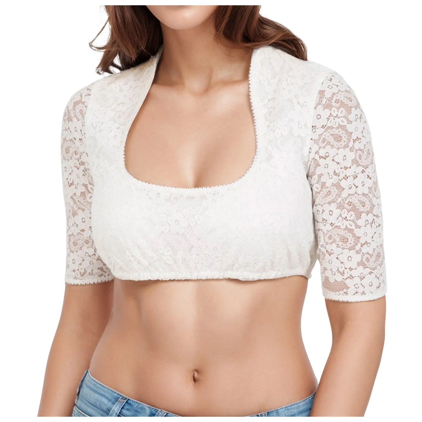 Square Neck Short Sleeve Lace Cropped Dirndl Blouse