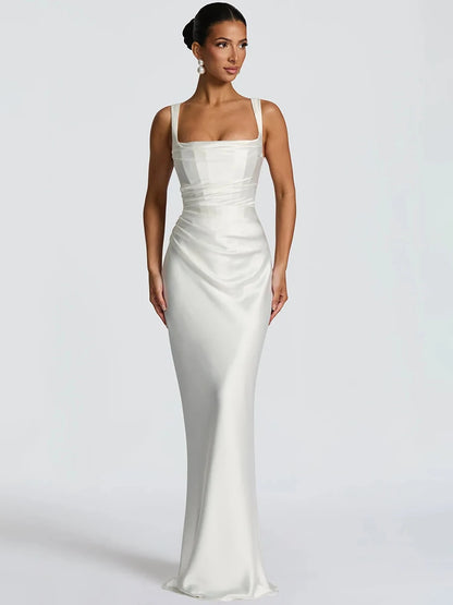Square Strapped Sleeveless Ruched Fitted Long Dress
