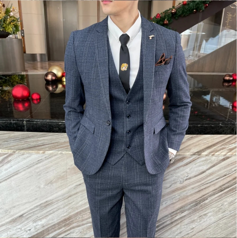 Structured Check Button Up Notch Lapel Straight Three Piece Set Suit