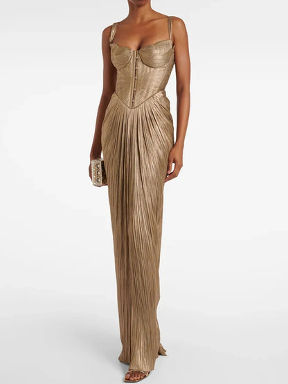Strappy Backless Corseted Buttoned Pleated Maxi Dress
